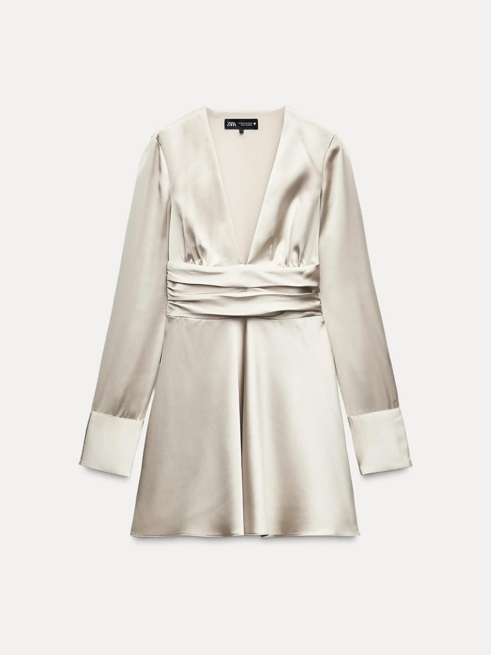 Zara Ivory Satin V-Neck Long Sleeve Mini Dress